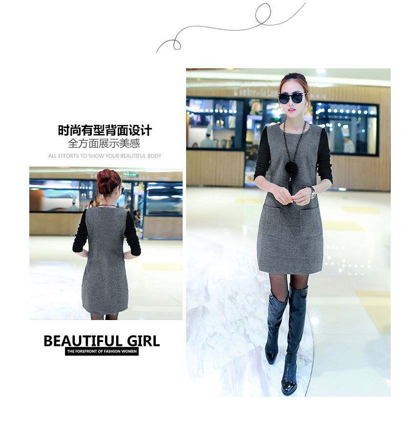Enpheriado - Mock Two-Piece Long-Sleeve Two-Tone Mini A-Line Dress