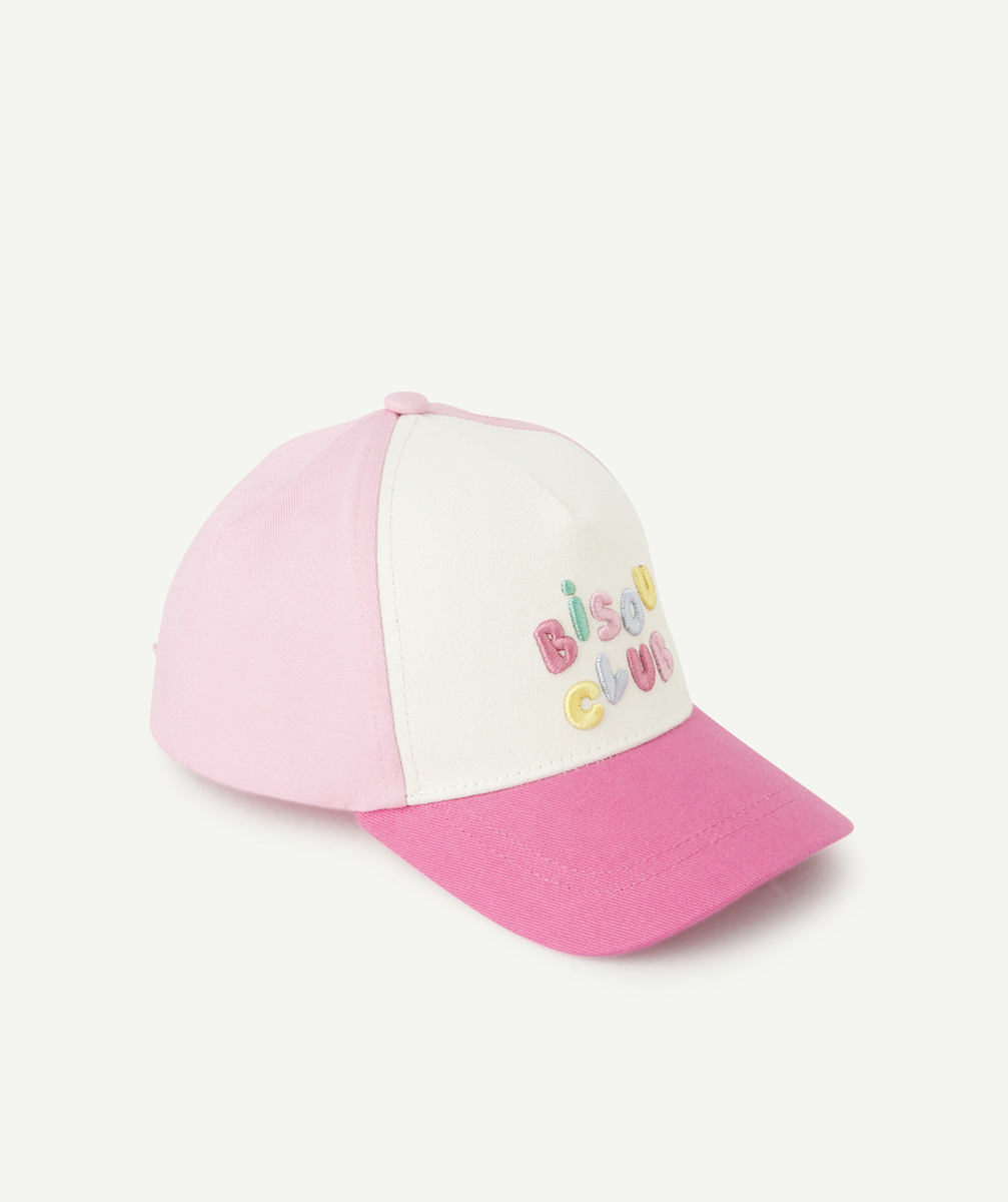 CASQUETTE BÉBÉ FILLE ROSE ET BLANCHE MESSAGE BRODÉ BISOU CLUB