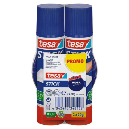 tesa ecoLogo Stick Klebestift, Aktionspack 2x 20g + Nivea Creme