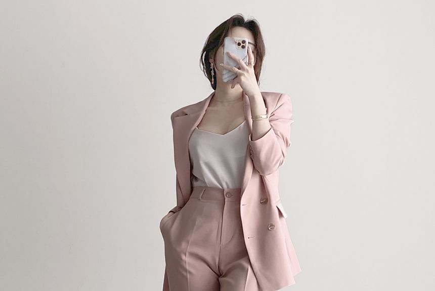 Yilda - Set: Dubbelrijs effen blazer + pantalon