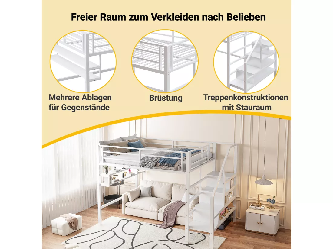 URBAN MEUBLE Lits double superposés métallique blanc échelle avec étagères rangement (140*200cm)