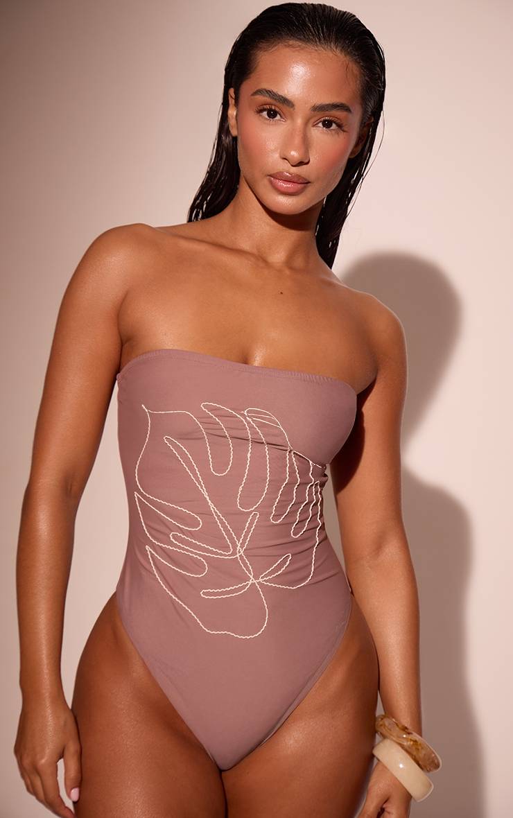 Taupe Maillot De Bain Bandeau Brodé Motif Feuilles