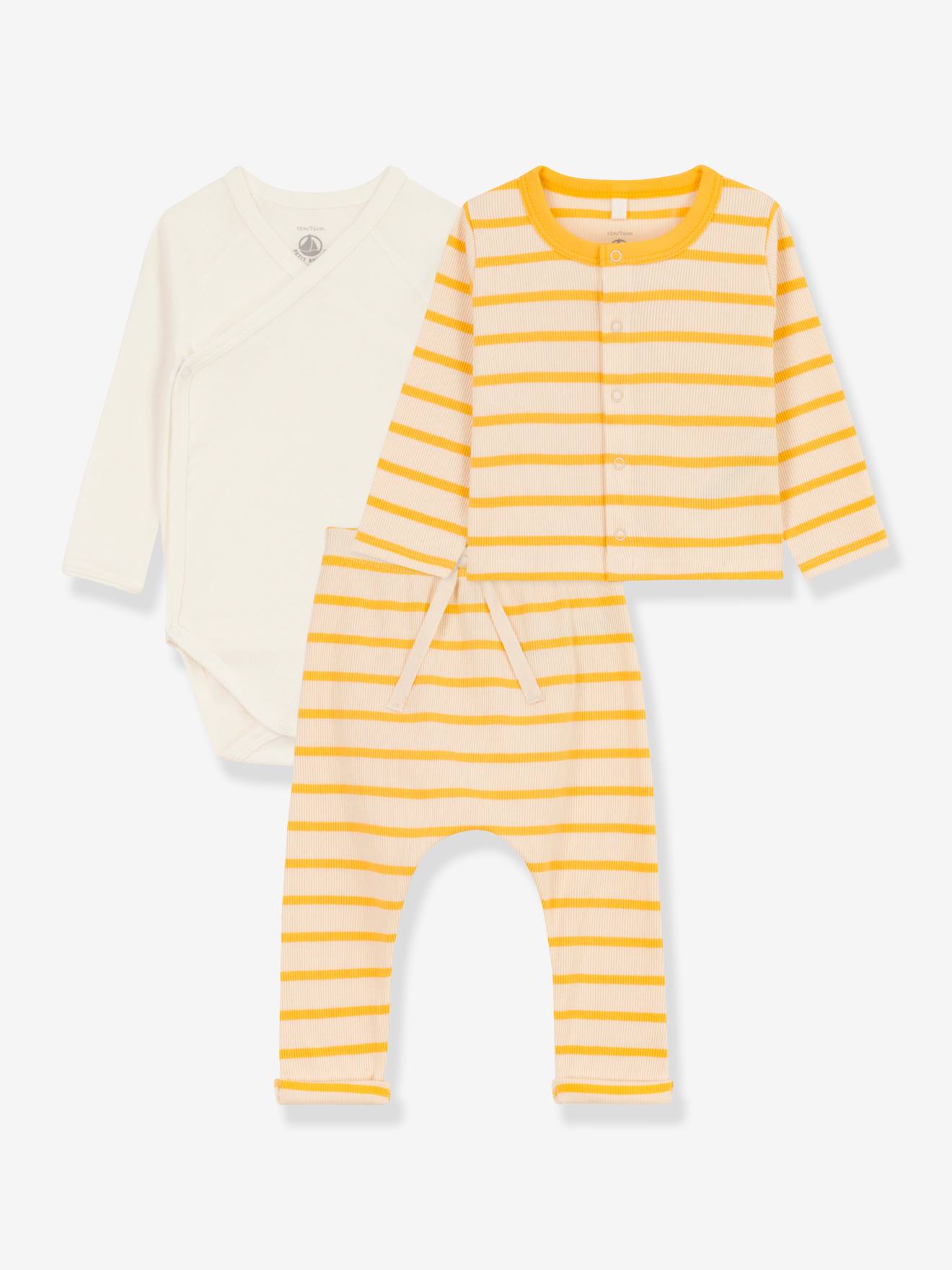 Conjunto PETIT BATEAU bege de 3 peças em algodão orgânico para recém-nascido