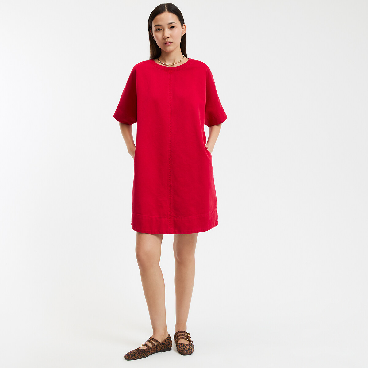 COLEÇÕES LA REDOUTE<br>Vestido evasê, jeans, mangas curtas