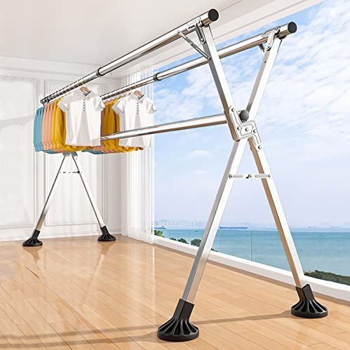 UVCMDUI Wasrek, Intrekbare Kleding Paard Indoor Folding Groot, Roestvrij Staal Droogrek Binnen, Wasluchter met Antislip Voeten, Gratis Geïnstalleerd, Buisdiameter 2,5 cm, 2,4 m