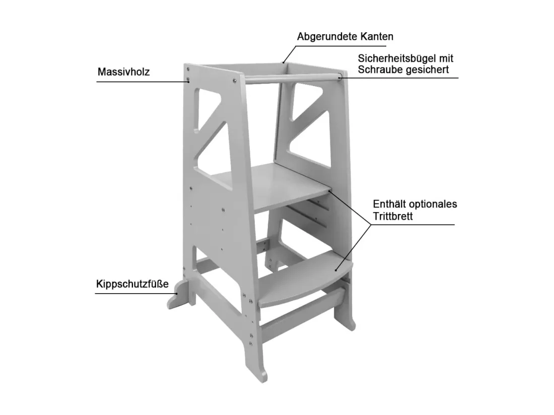 Tour d'apprentissage en Bois,Tour d'observation pour Enfants,Montessori Learning Tower,Réglable en hauteur Marchepied pour bébé avec Tableau Noir-Gris