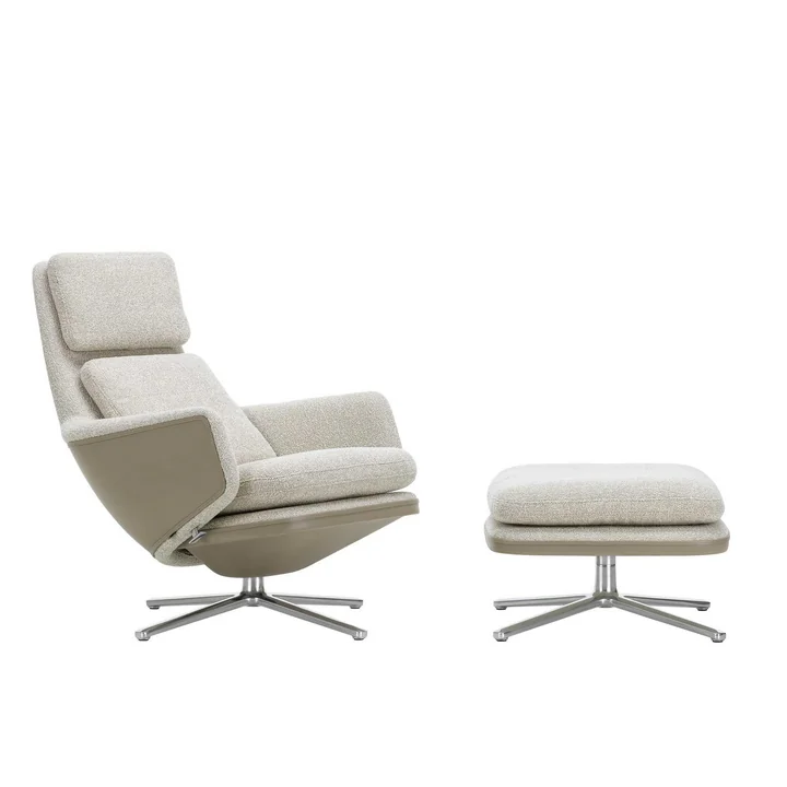 Vitra - Grand Relax Sessel & Ottoman, Aluminium poliert, Nubia elfenbein / Leder / sand, Filzgleiter
