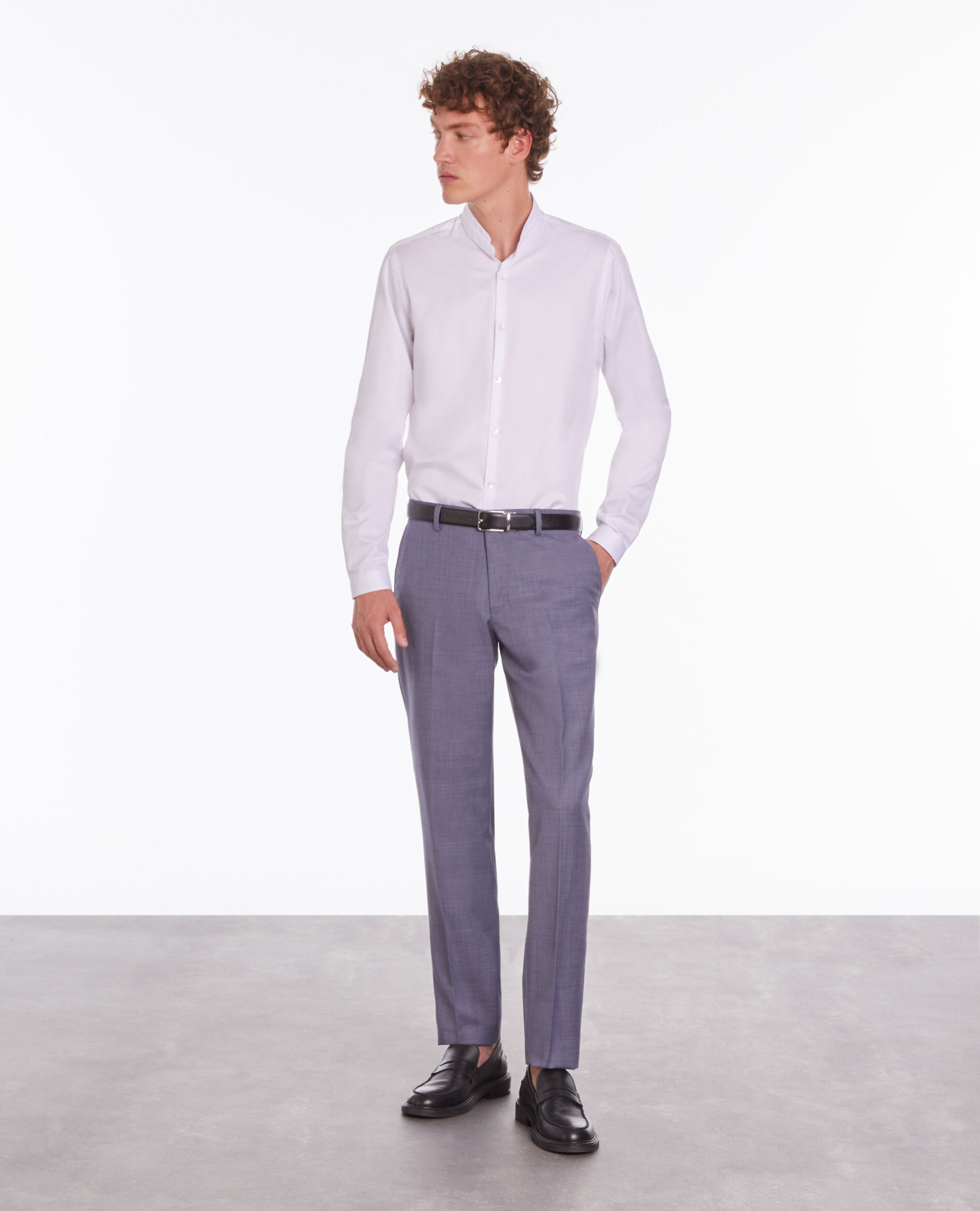 Pantalon de costume en laine à carreaux gris et bleus