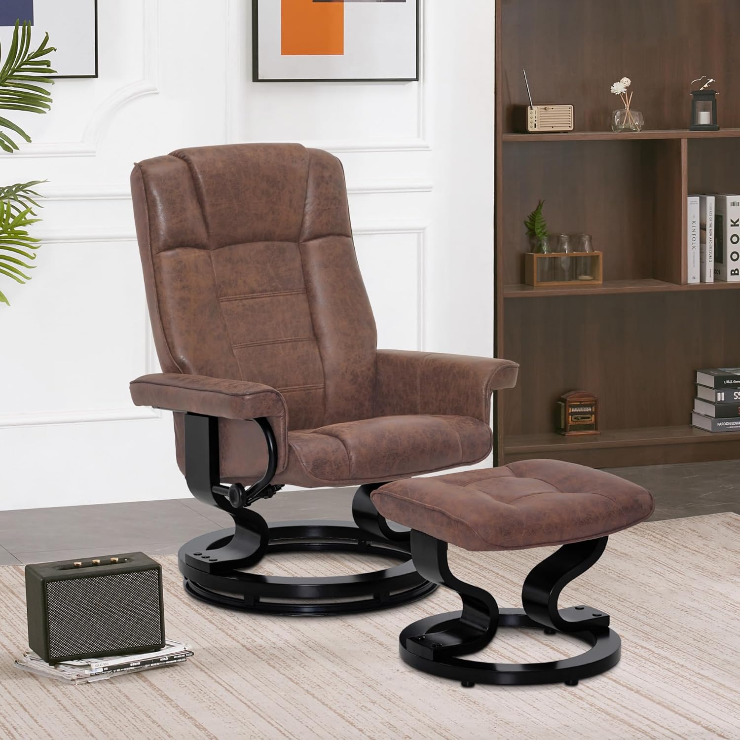 M MCombo Relaxsessel mit Hocker, 360° drehbarer Fernsehsessel mit Liegefunktion, bis 120 Kg belastbarer TV-Sessel, moderner Ruhesessel für Wohnzimmer, 9019 (Mikrofaser, Braun)