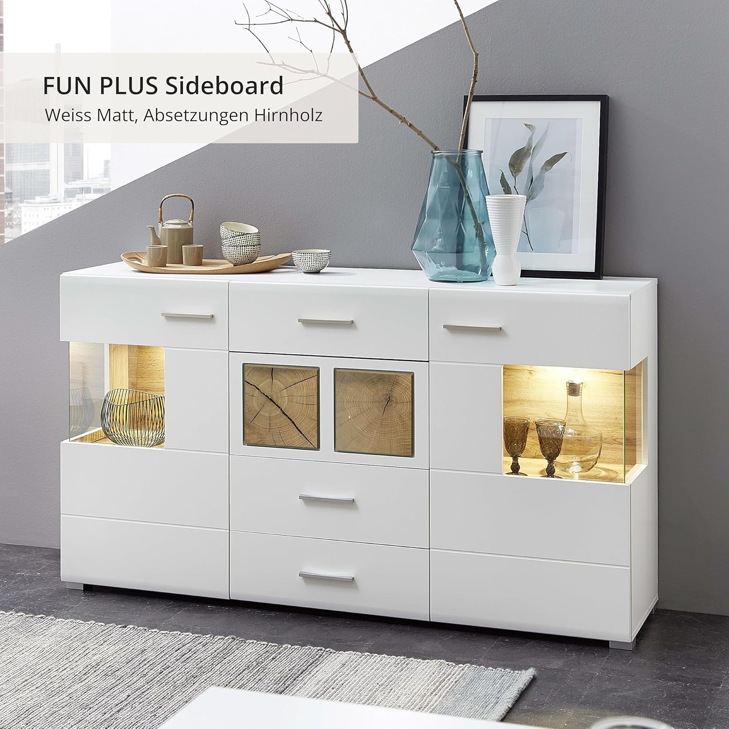 Stella Trading Fun Plus Sideboard weiss mit schönen Hirnholz-Applikationen - Moderne Kommode inkl. LED Beleuchtung - 170 x 94 x 42 cm (B/H/T)