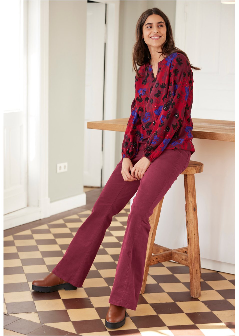 Pantalon évasé en velours côtelé extensible avec taille haute confortable