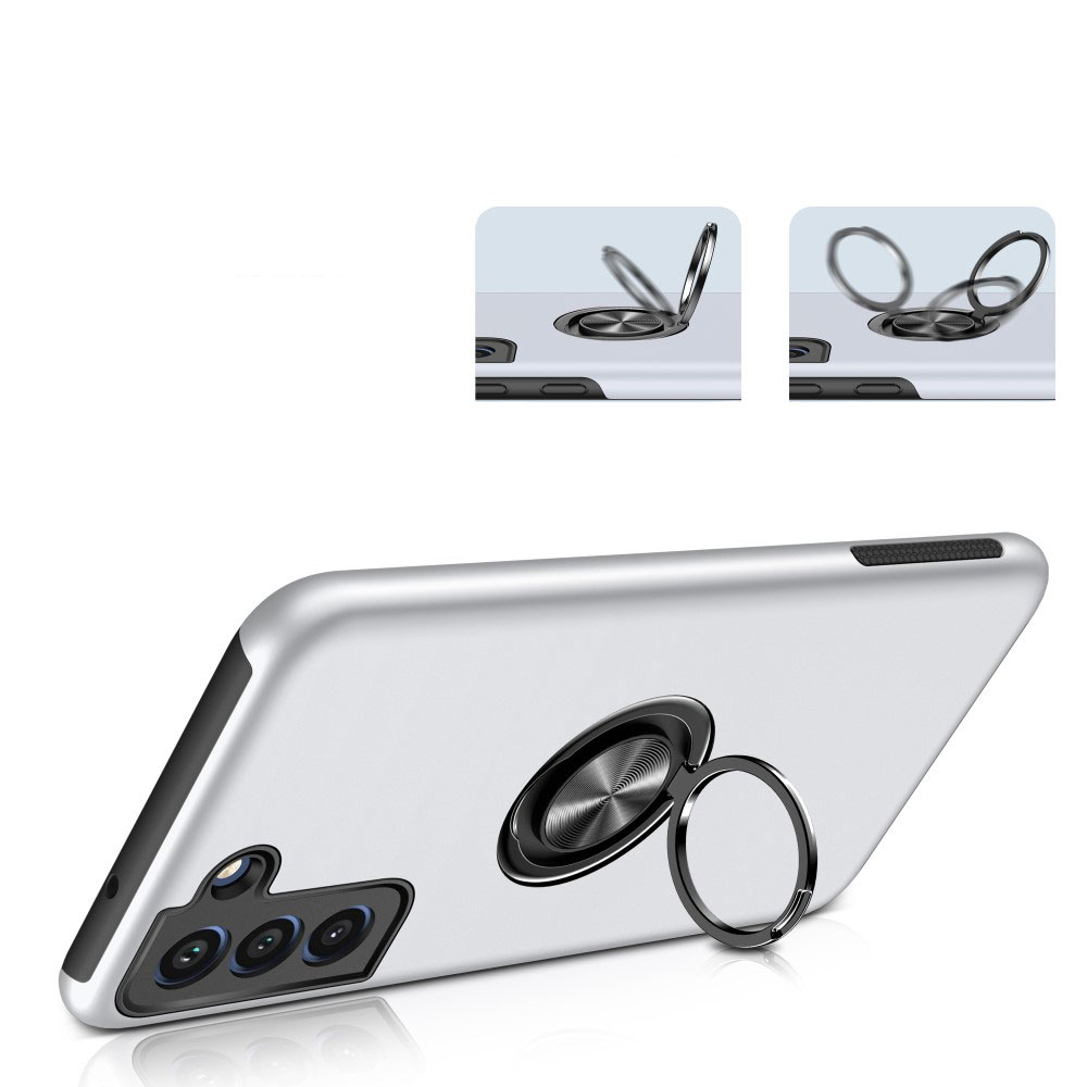 Samsung Galaxy S21 FE 5G Hybrid Hardcase Hülle   Magnetischer Kickstand Haltering - Silber (Matt)