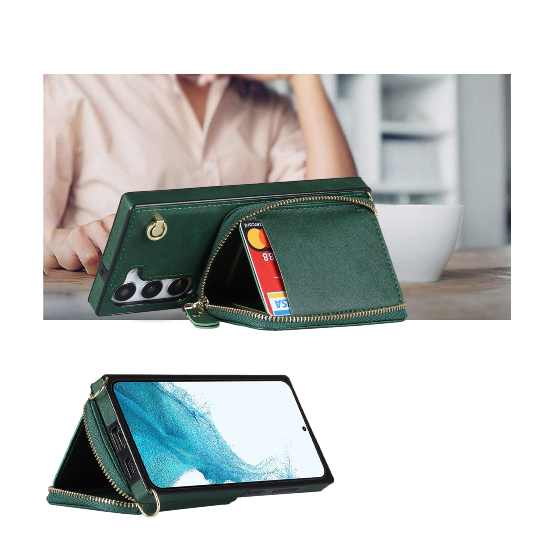 Samsung Galaxy S23 5G Necklace Leder Schutz Hülle mit Kartenfächer   Handykette (140cm) - Dunkelgrün