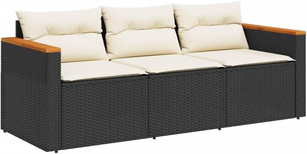 vidaXL Gartensofa 3-Sitzer, Loungesofa Sofa mit mit Kissen, Sitzgruppe Stahlrahmen, Gartenmöbel Lounge Rattanmöbel, Schwarz Poly Rattan