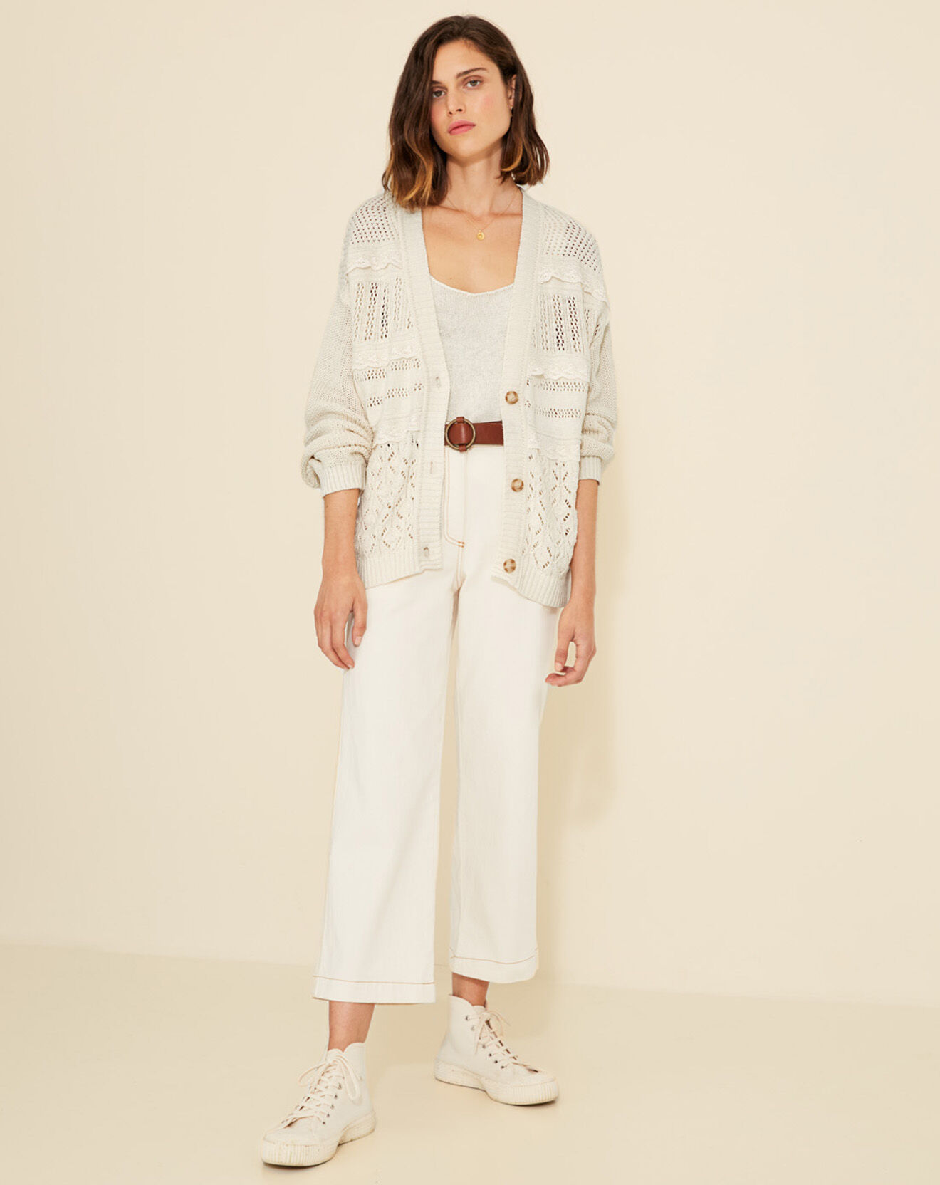 Yerse Gilet en Lin mélangé maille fantaisie Daisy écru