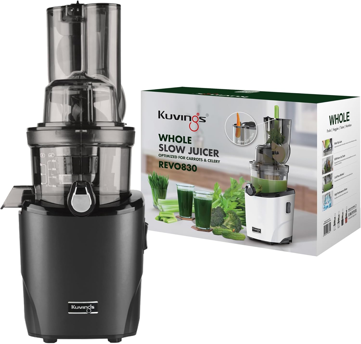 Kuvings | Entsafter | REVO830 | Slow Juicer | Doppelte Einfüllöffnung | automatisches Schneidesystem | inkl.Smoothie & Sorbet Filter Set | Mattschwarz_KSP-2478CE (Matt Black)