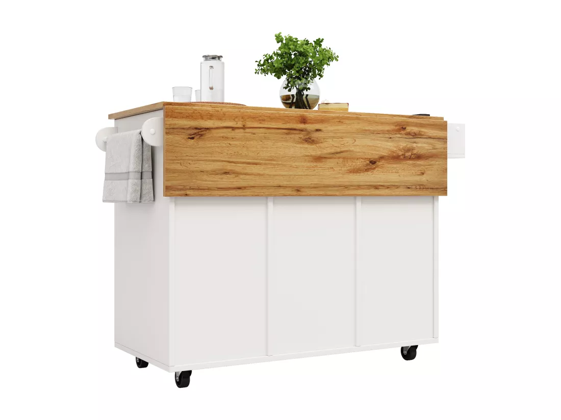 Îlot de cuisine moderne, meuble buffet avec grain de bois, 137.5×39.5×95.6 cm, MDF, Blanc