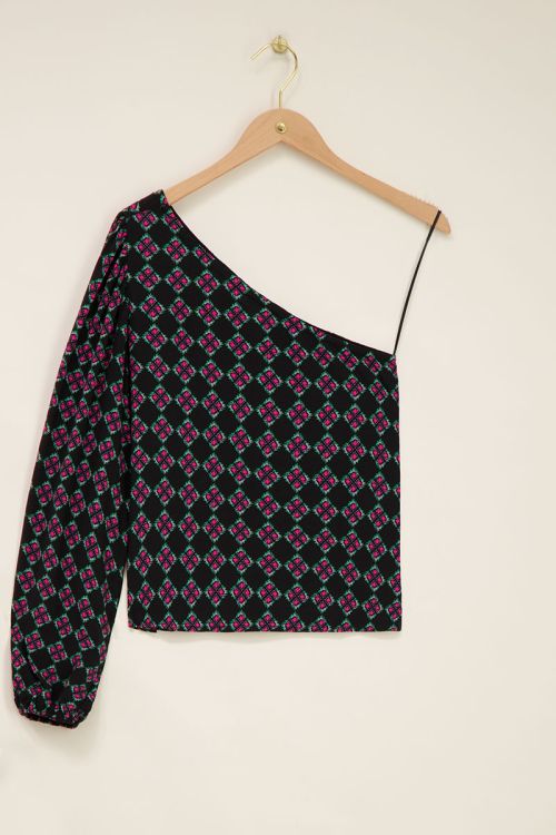 Zwarte one shoulder top met roze print