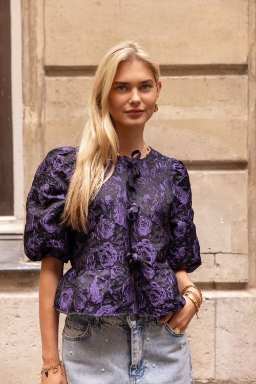 Zwart & paarse jacquard top met strikjes