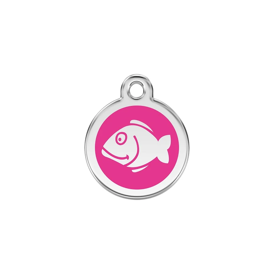 Etiqueta de identificação para gatos em aço inoxidável esmaltado rosa choque com formato de peixe.