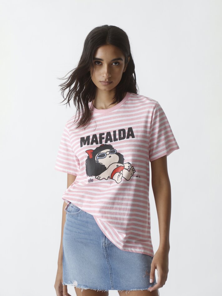 Camiseta listrada Mafalda - Rosa/Branca