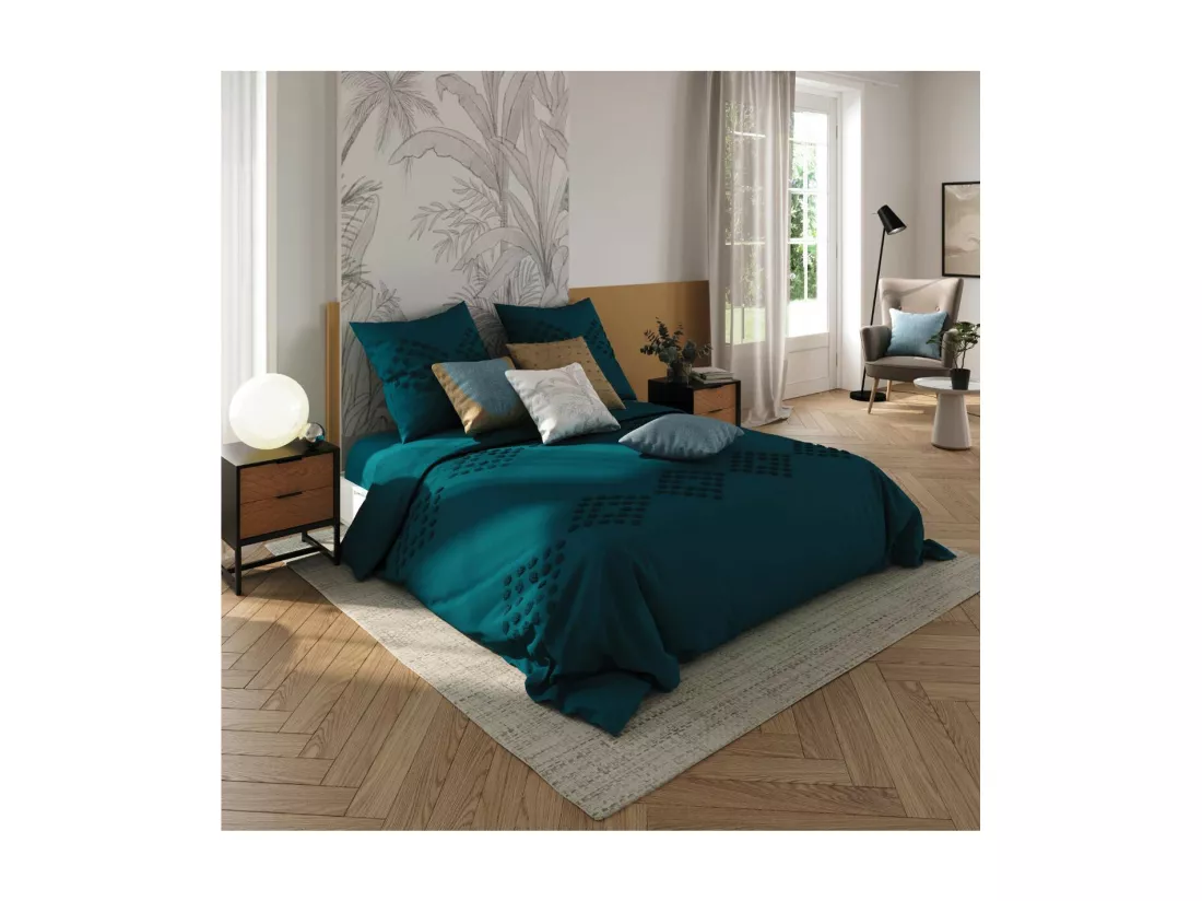 Parure de lit 2 Personnes 240 x 220 cm Housse de couette avec 2 taies Coton lavé Bleu Canard tufté