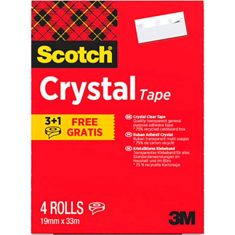 Pack 3 rubans adhésifs Scotch Crystal transparent 33 m + 1 OFFERT