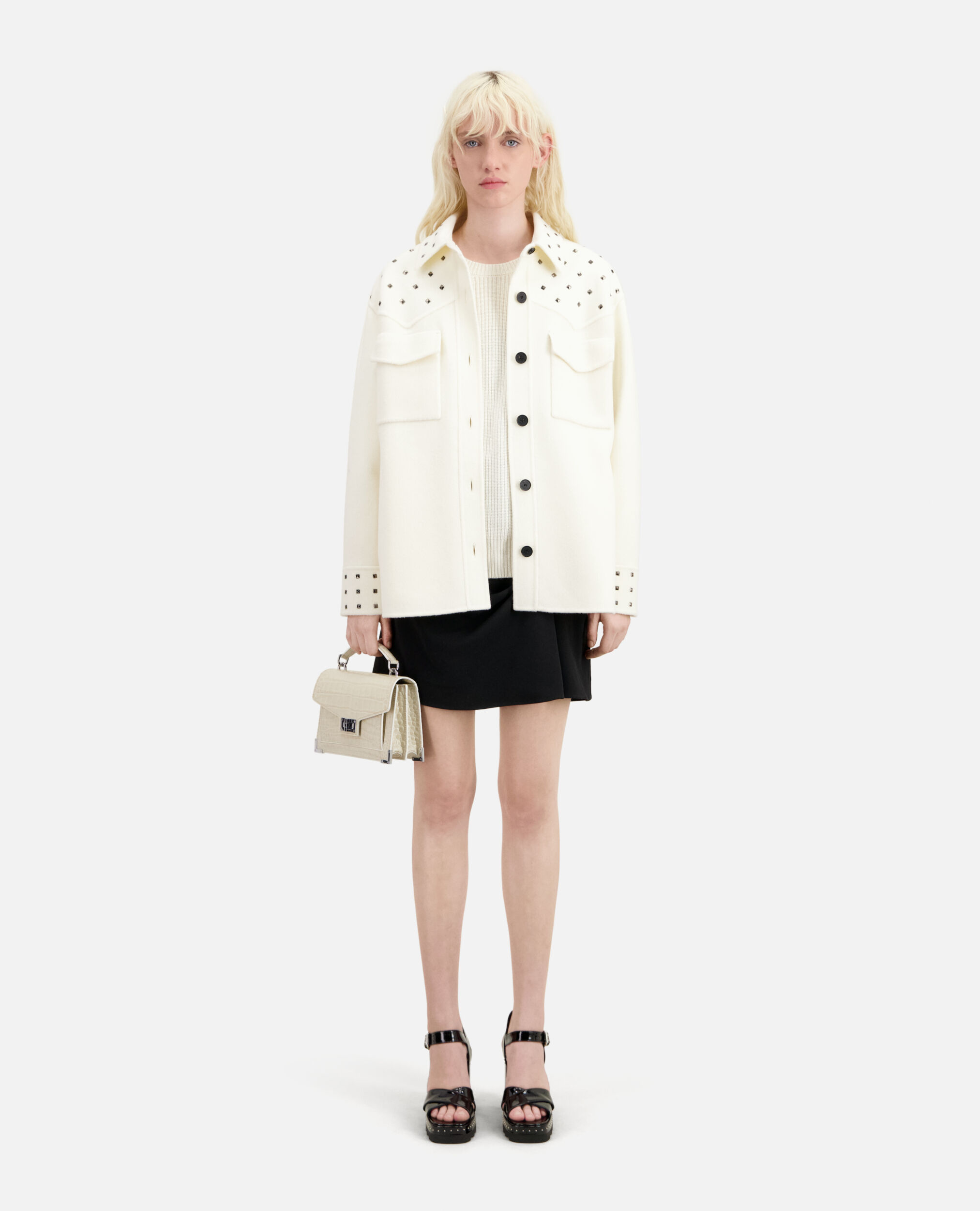 Ecru wool-blend overshirt-style jacket with studs