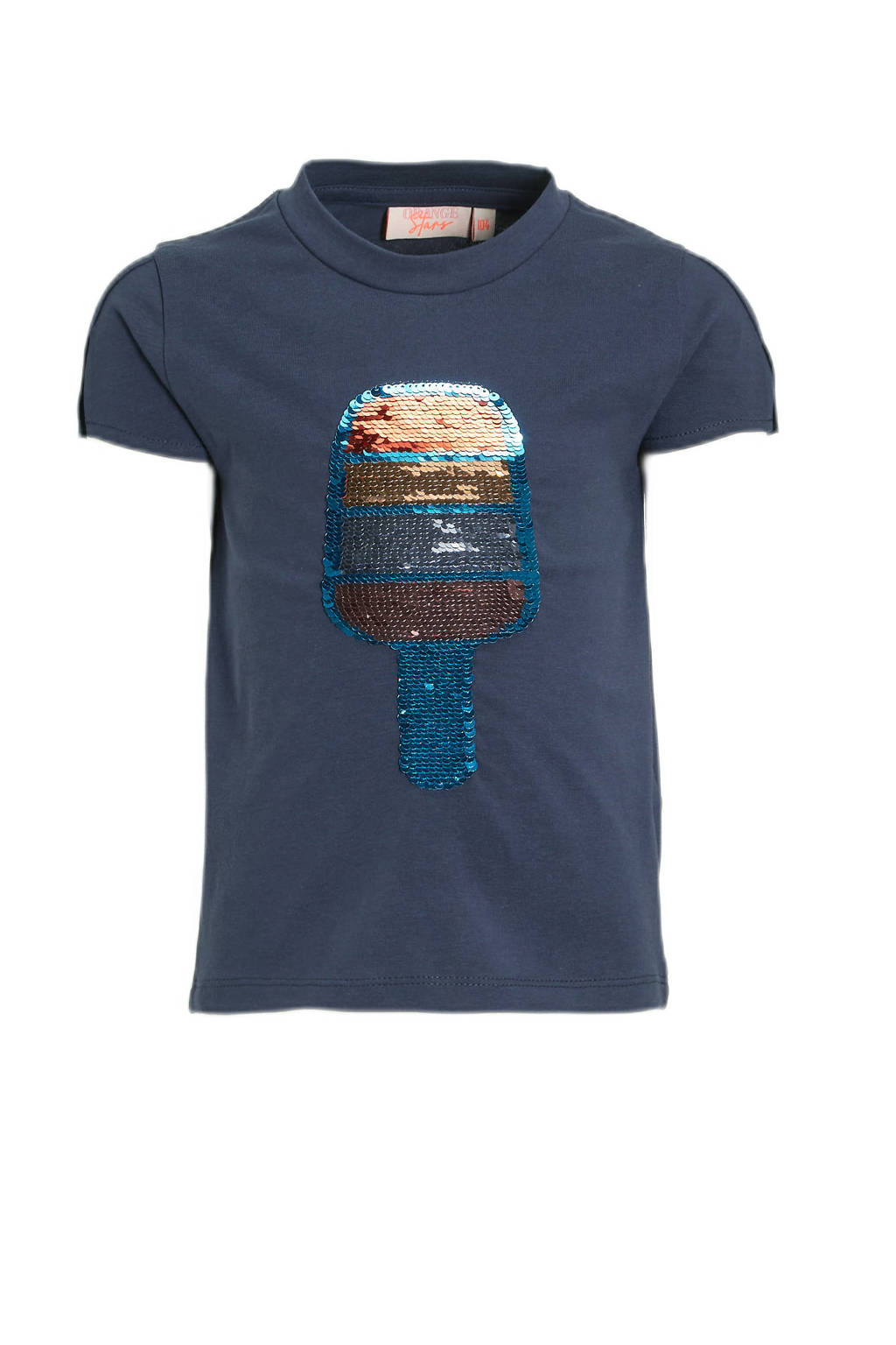 Orange Stars T-shirt Marjanne met printopdruk en pailletten donkerblauw