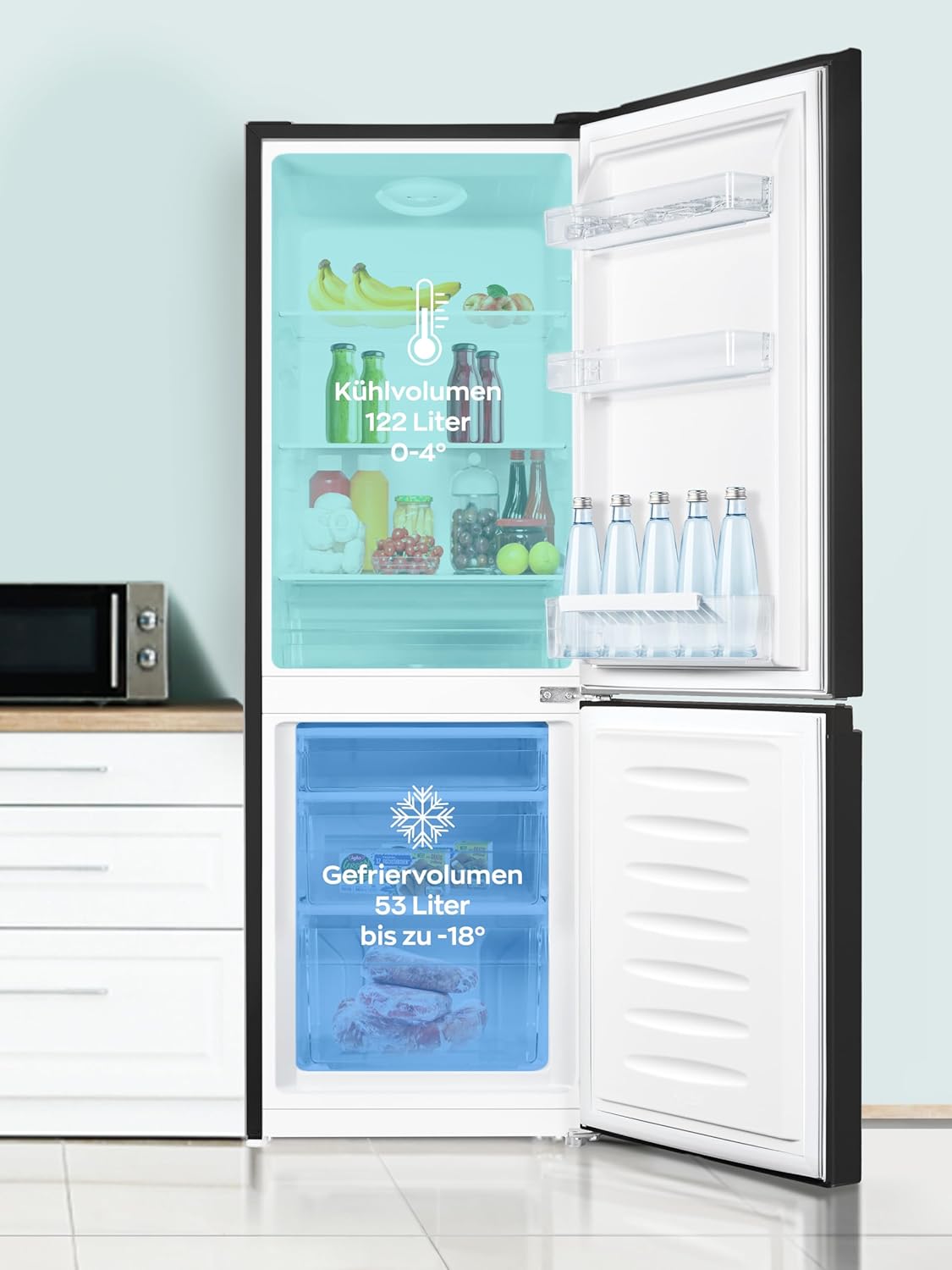 Heinrich´s Kühlgefrierkombination 175Liter, XXL, kühlschrank mit gefrierfach, Kühlvolumen 122L, Gefrierfach 53L, leise 39dB,große Tiefkühlboxen, 7 Temperaturstufen (Energieklasse E, Schwarz)
