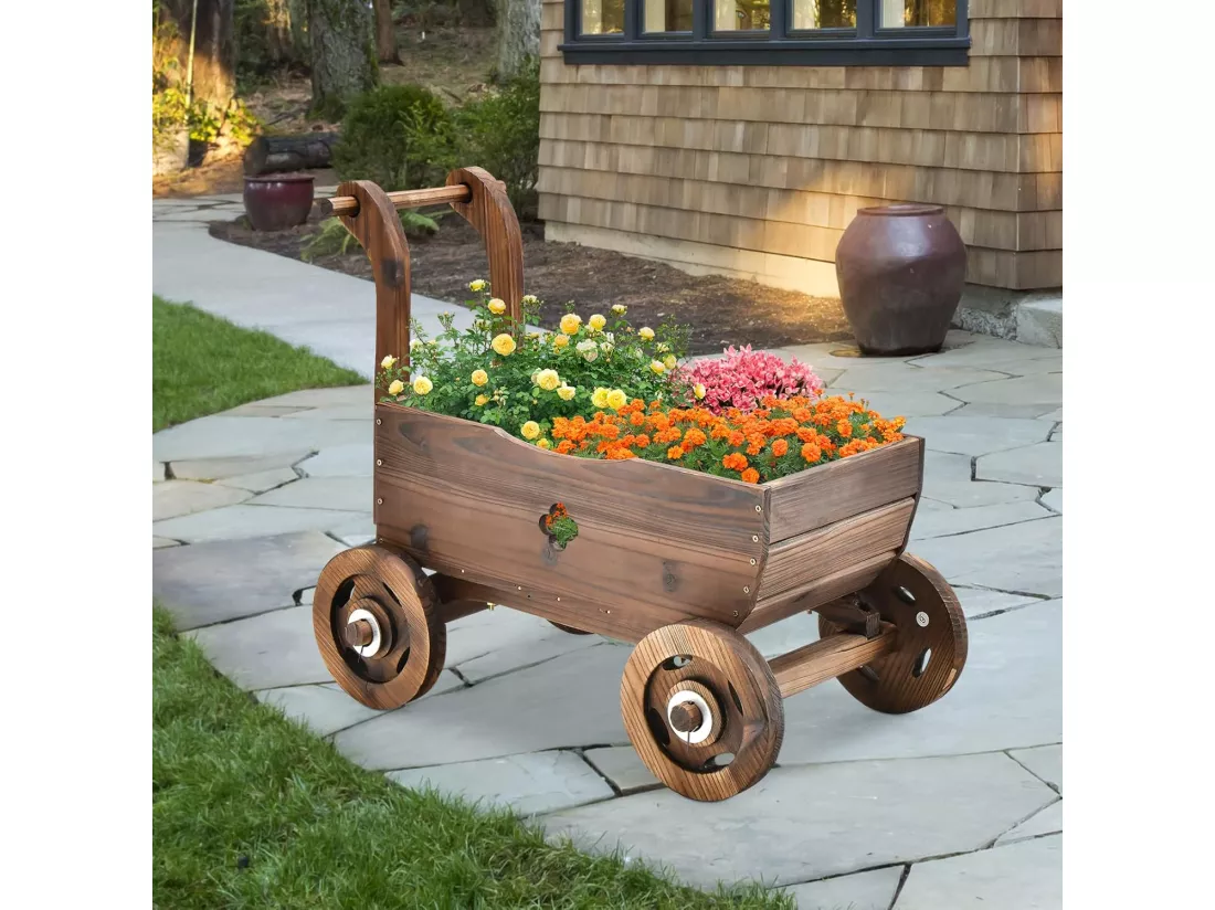 Brouette à Fleurs Jardinière en Bois de Sapin Carbonisé à Roues, Jardinière de Jardin avec Poignée et Trou de Drainage Charge 20KG, pour Patio Jardin Cour, 68 x 38,5 x 53,5 cm