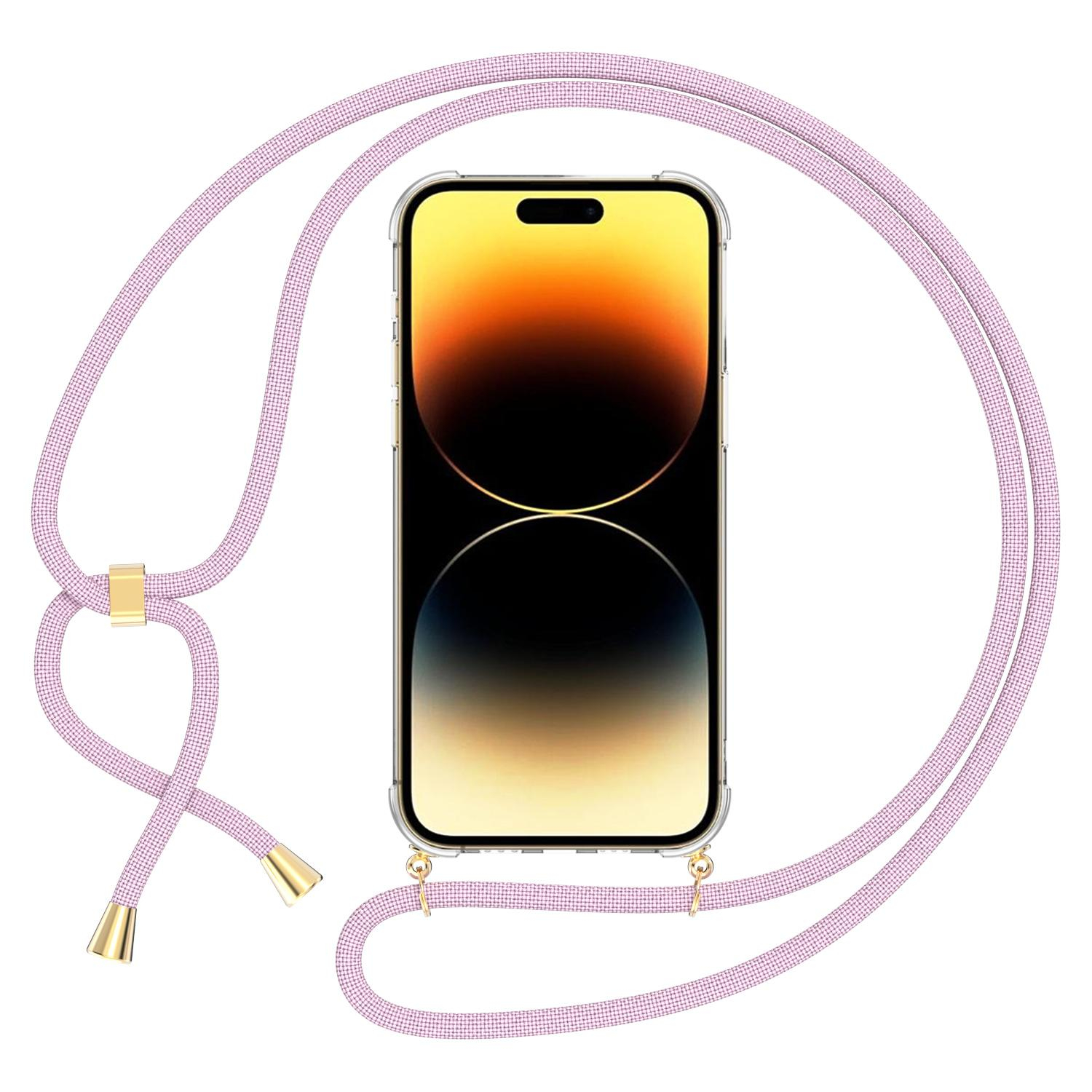 iPhone 14 Pro Max Necklace Gummi Hülle Air Cushion Fallschutz   Handykette (150cm) - Transparent / Roségold