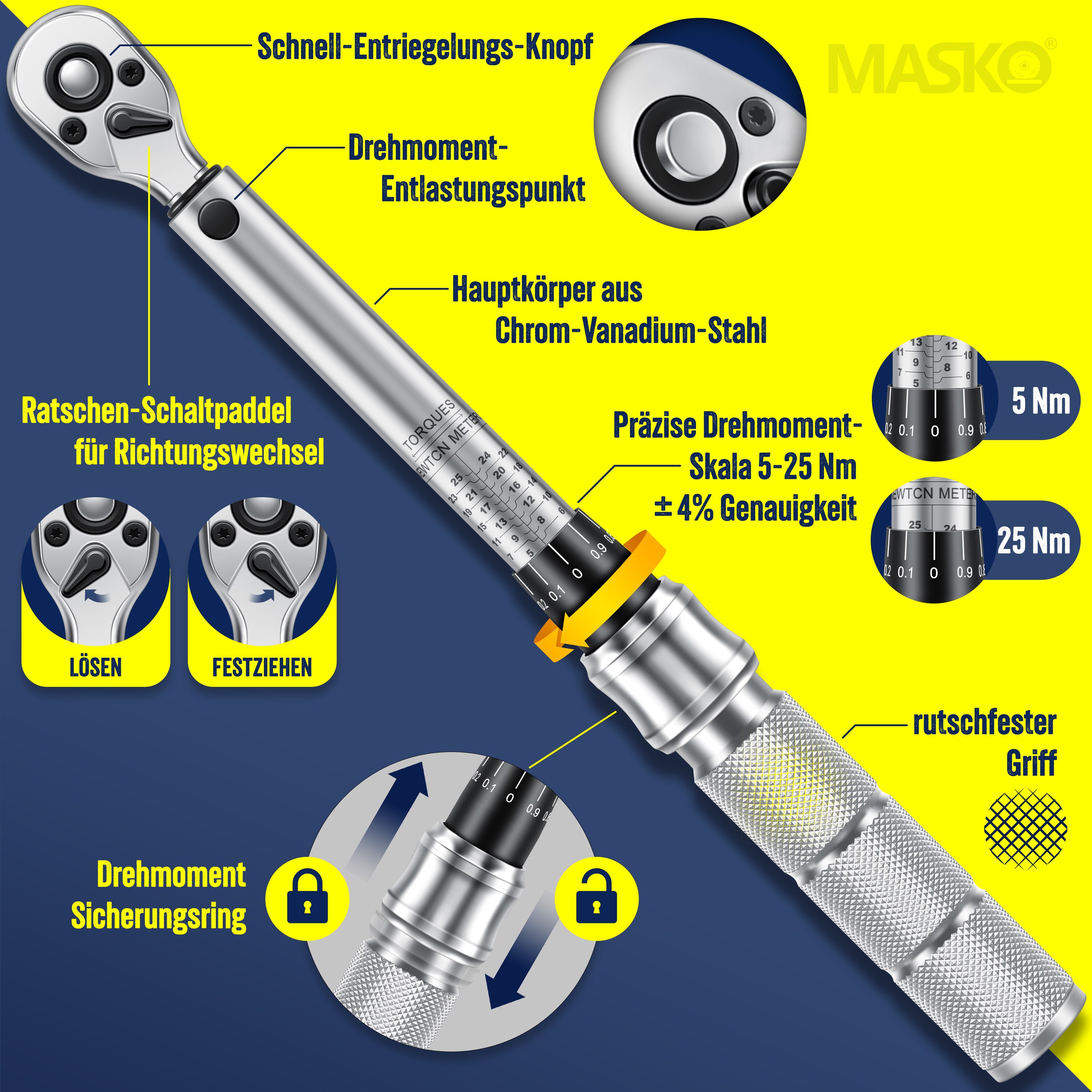 MASKO® Drehmomentschlüssel 45-tlg. Set Auto, Fahrrad & Motorrad 1/4 Zoll 5-25Nm inkl. Handschuhe, Magnetische Zündkerzenhülse Stecknüsse mit Verlängerungsstange 100mm +/- 4% Toleranz Reifenschlüsse