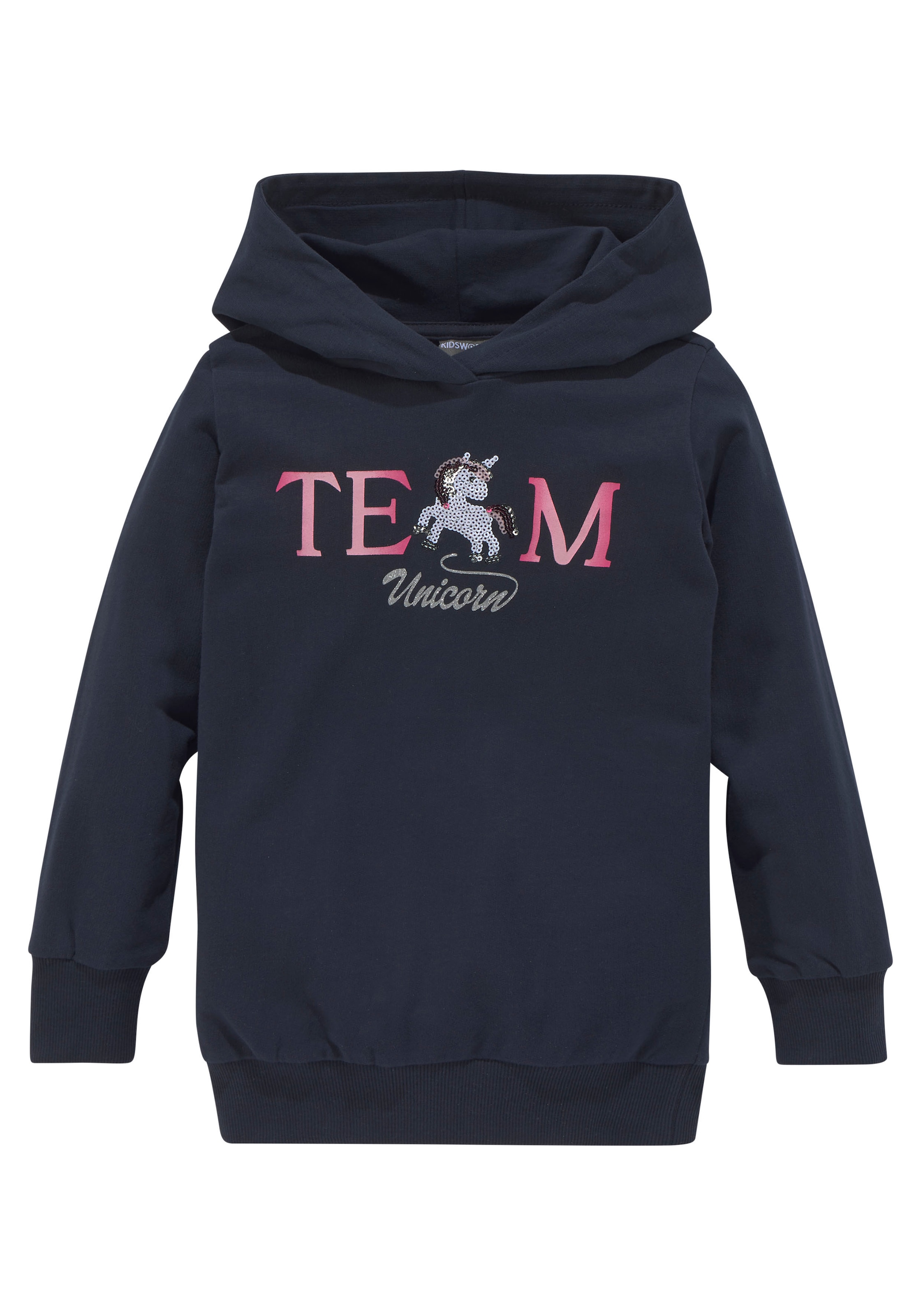 KIDSWORLD Kapuzensweatshirt », Longsweashirt mit Pailletten«, Langarm,  Basic-Passform,  mit modischem Druck,  mit Kapuze