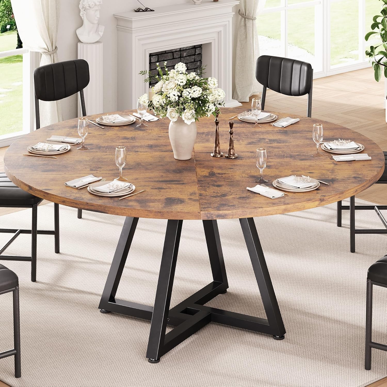 Runder Esstisch für 4-6 Personen, Küchentisch mit stabilem Metallgestell, platzsparender Esszimmertisch im Industrial Design (Vintage Braun, 130x130x76cm)