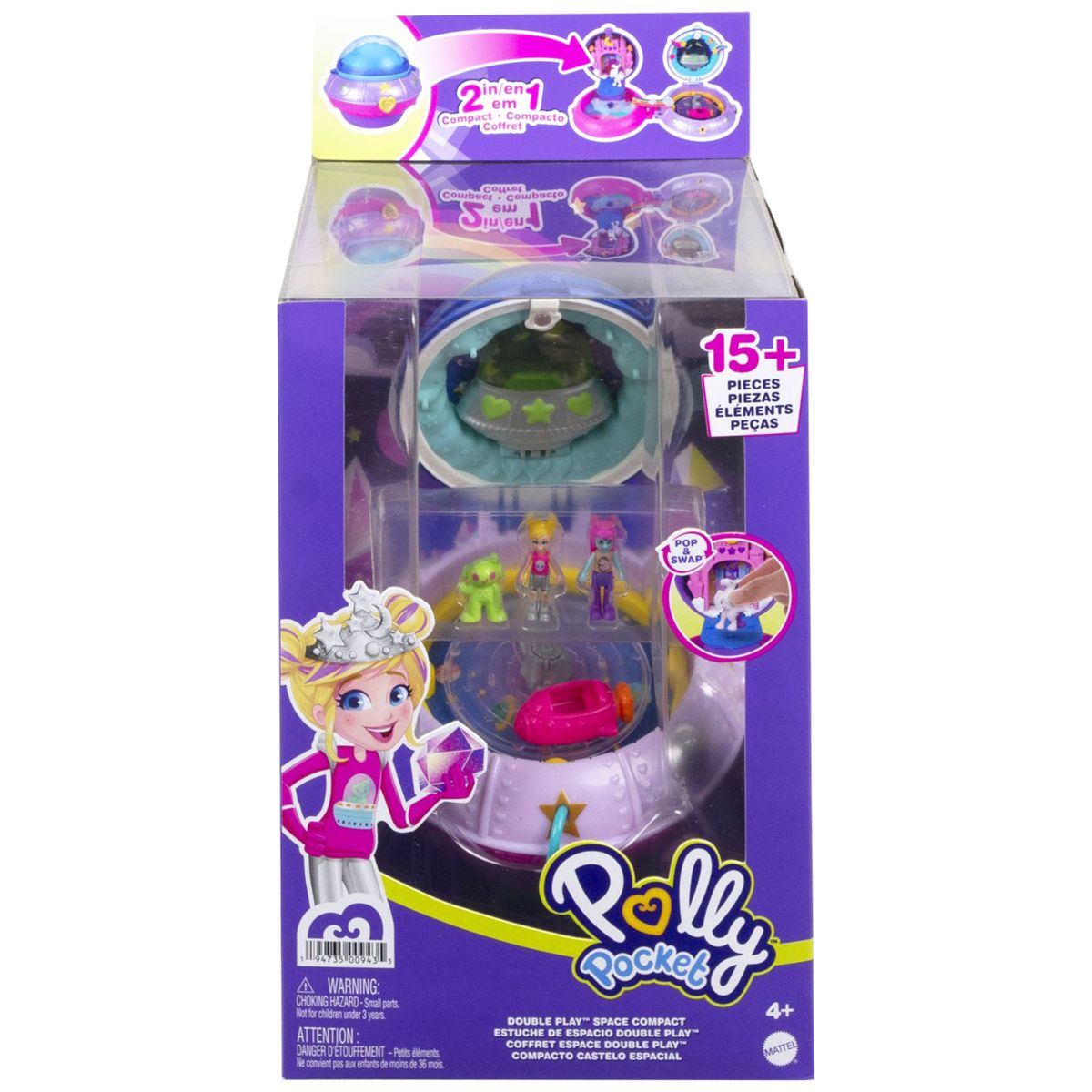 Mattel HCG25 - Polly Pocket - Ufo-Schatulle, Weltraum-Spielset, 2 Puppen, 15 Zubehörteile