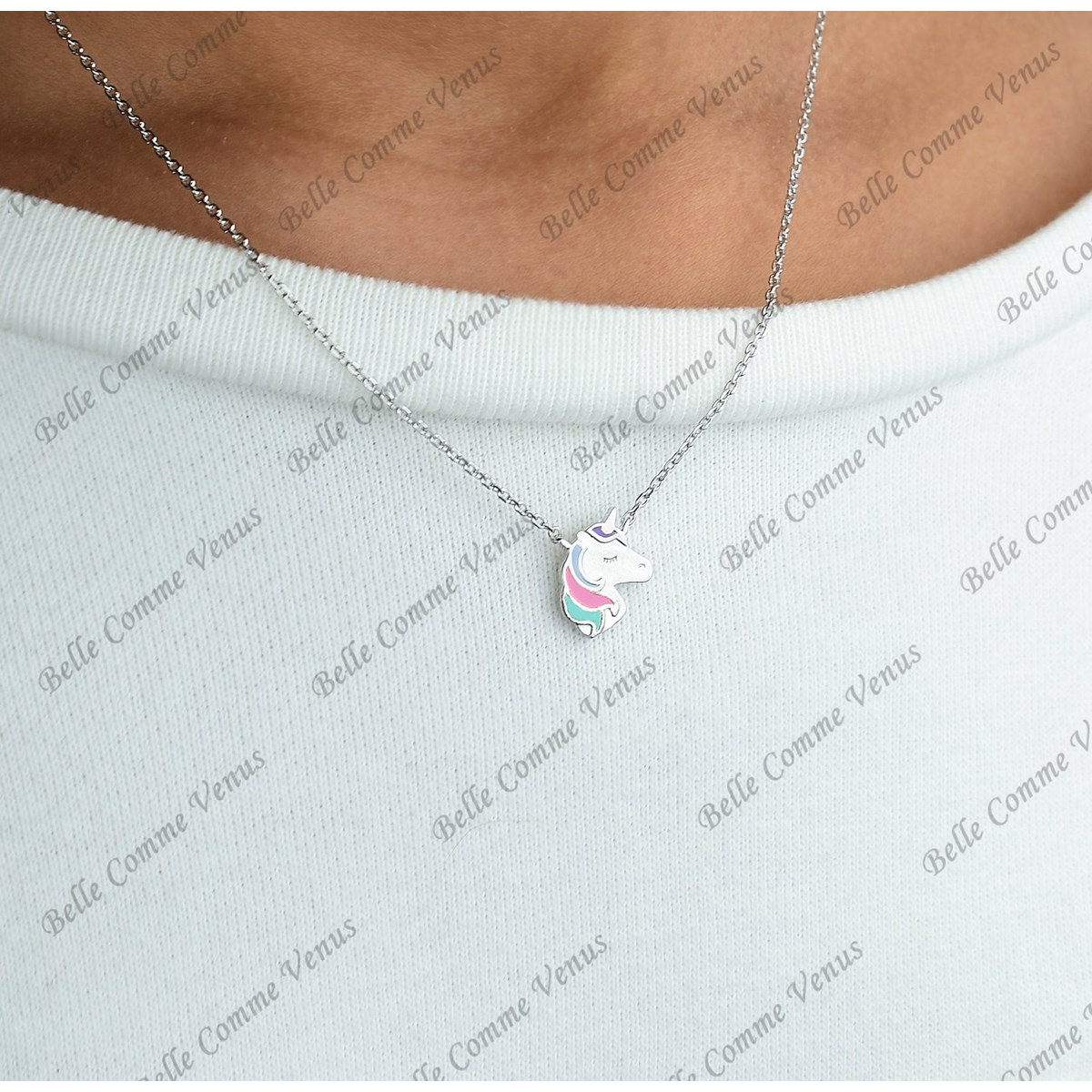 Collier tête de licorne émail coloré Argent 925 Rhodié