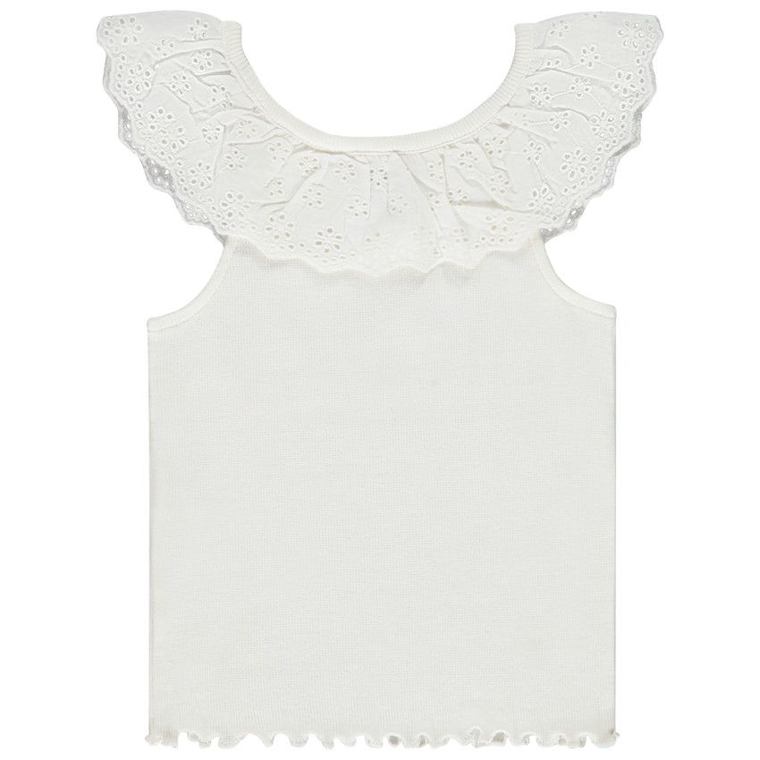 Débardeur uni maille côte avec collerette volantée en broderie anglaise pour bébé fille - Ecru