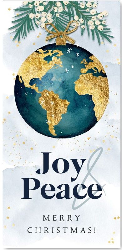 Stijlvolle kerstkaart 'Joy & Peace' wereldbol goud waterverf
