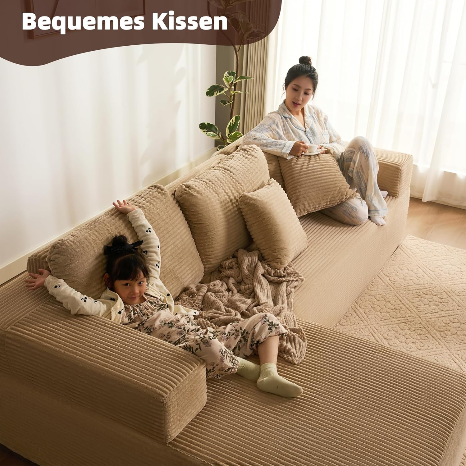 Modulares L-förmiges Ecksofa mit Schlaffunktion – rahmenloses Schlafsofa mit Chaiselongue Links, extra tiefer Sitzfläche, montagefrei, für Wohnzimmer,Hellbraun
