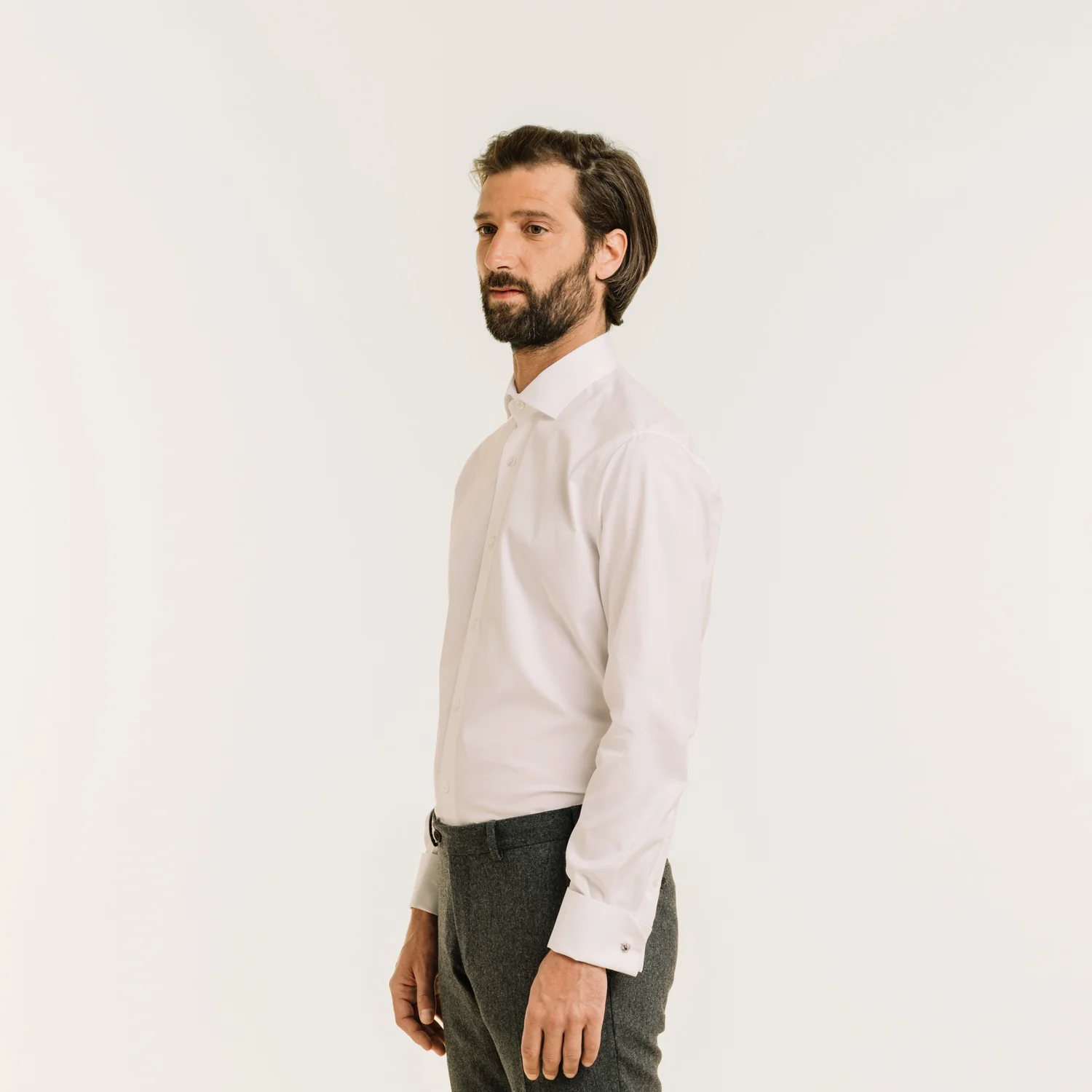 Fitted white double-twisted Oxford shirt with French cuffs