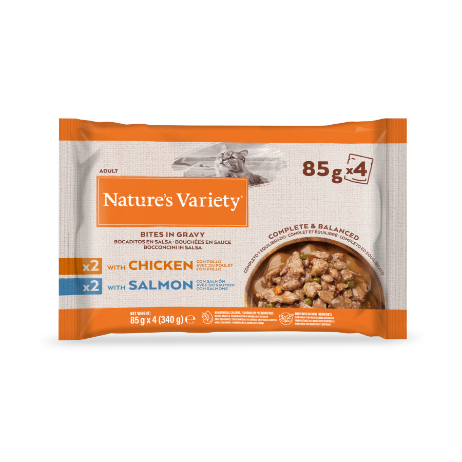 Sachês Nature's Variety para Gatos Adultos com Frango e Salmão ao Molho – Pacote com Vários
