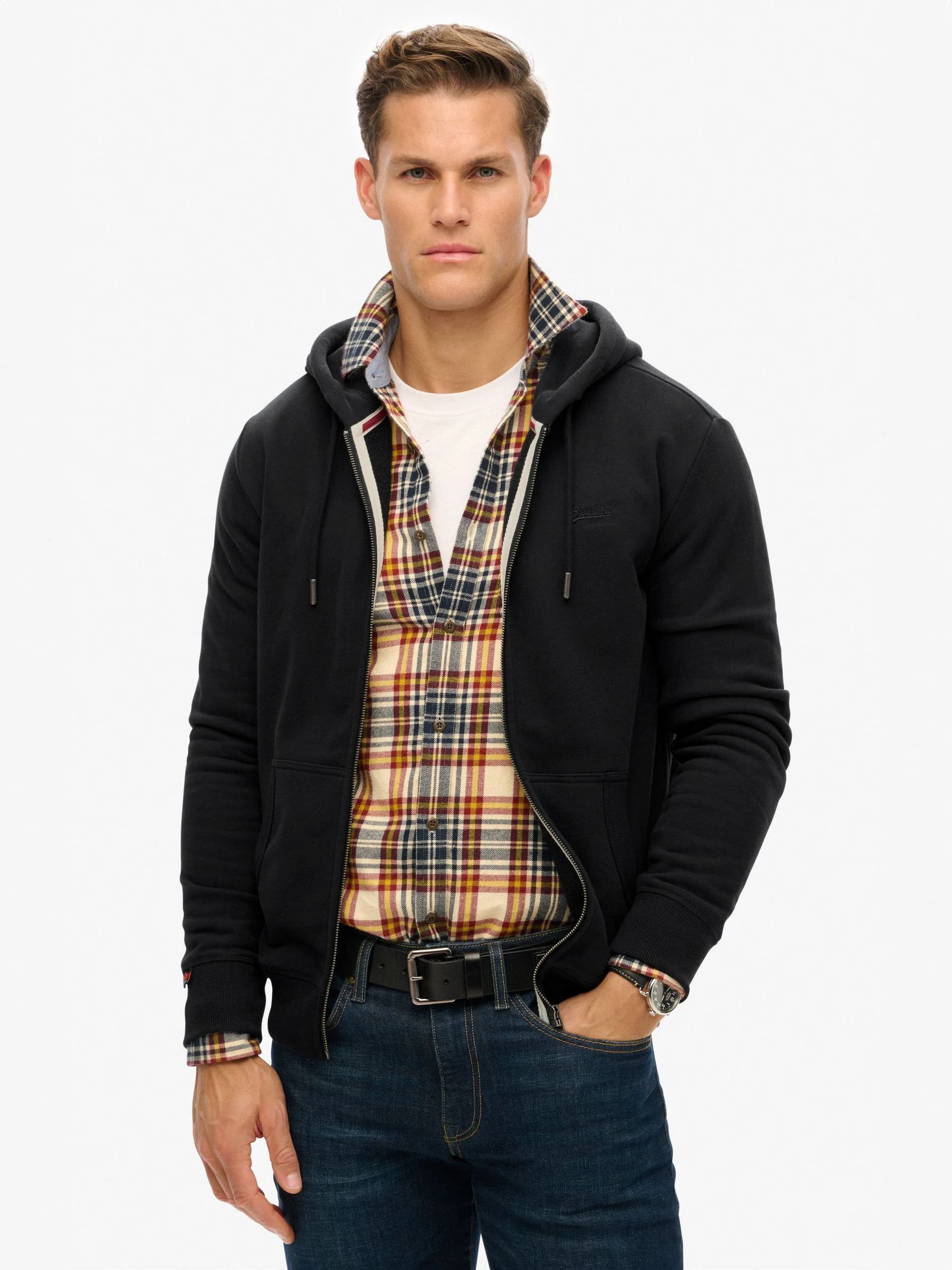 Zwart - Superdry Essential hoodie met logo en halve rits met geborstelde voering