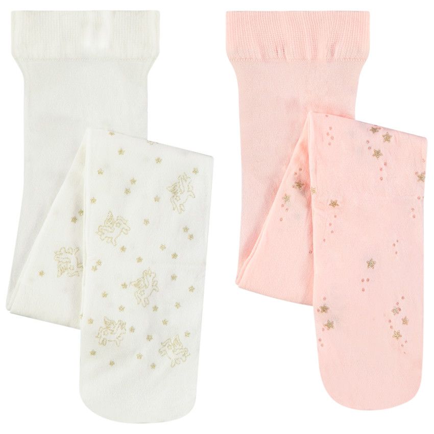 Lot de 2 paires de collants fins avec imprimés glitter pour bébé fille - Ecru
