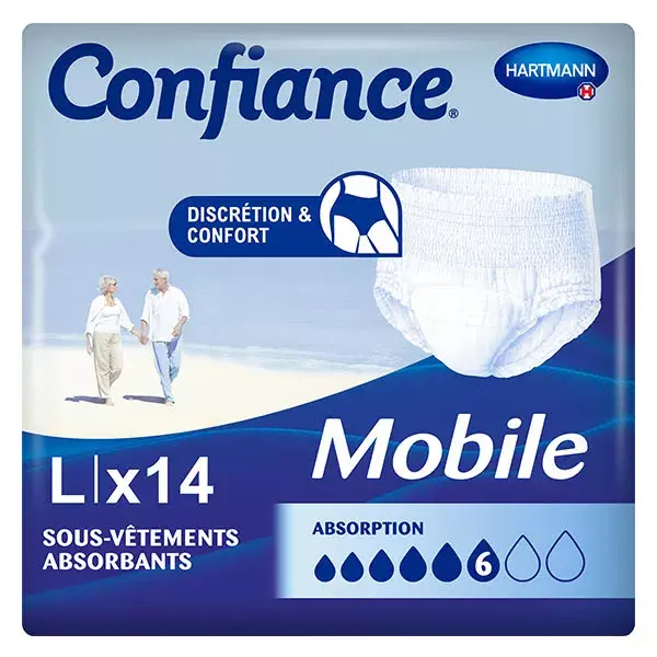 Absorvente Hartmann Confidence Mobile, 6 gotas, tamanho G, pacote com 14 peças de roupa íntima.