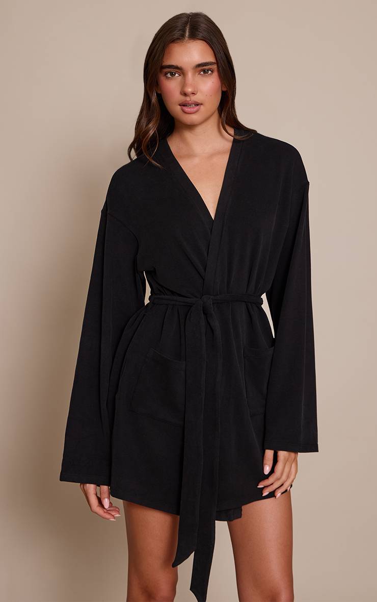 Noir Robe De Chambre Courte Toucher Doux