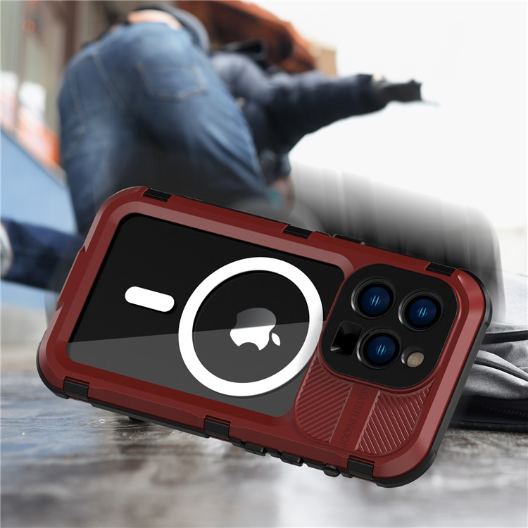 iPhone 14 Pro Wasserfeste MagSafe Alu Outdoor Schutz Hülle (IP68) - Rot / Transparent
