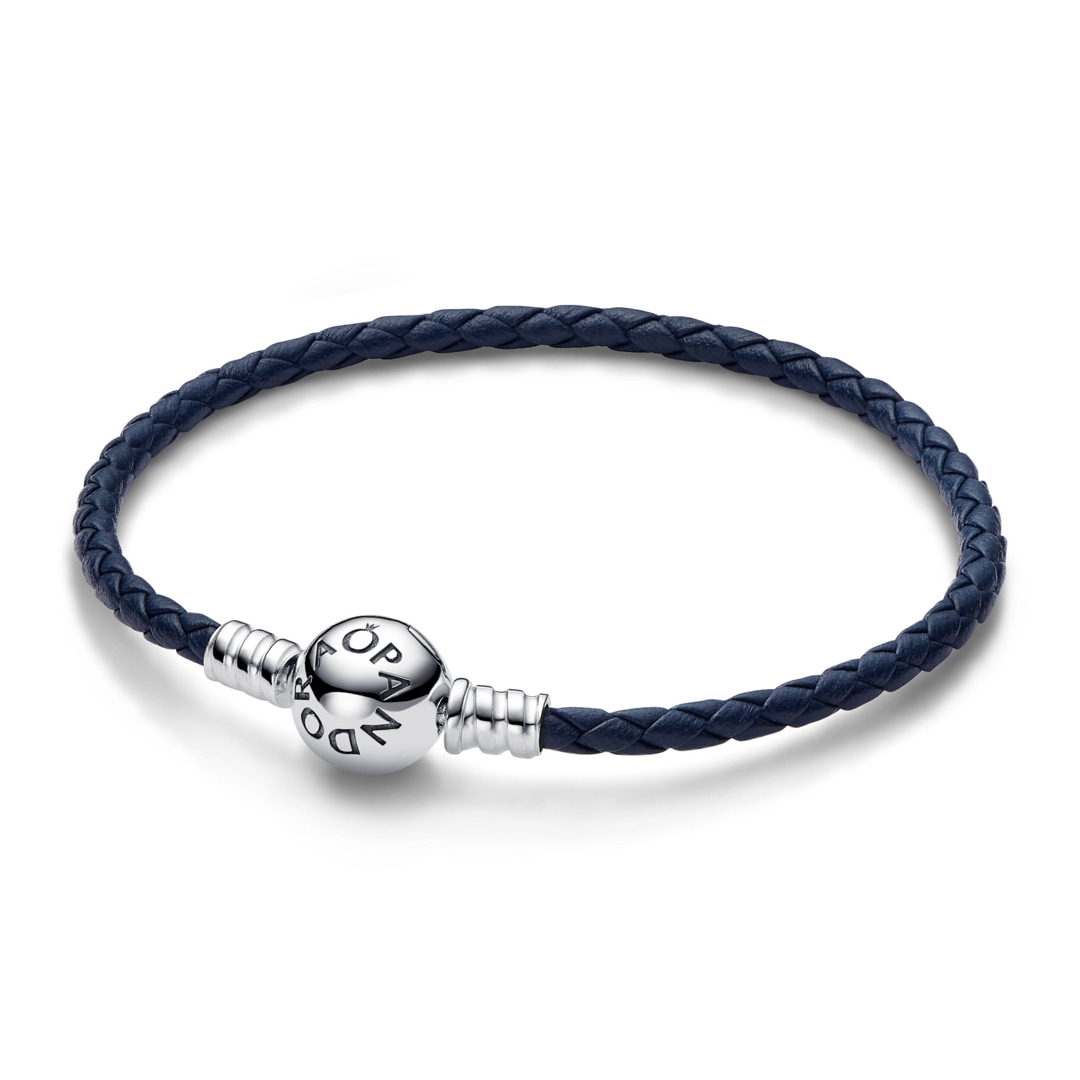 Pandora Moments Blaues Geflochtenes Lederarmband mit Kugelverschluss