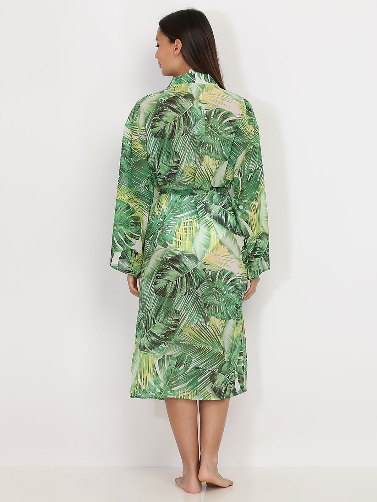 Kimono mi-long à imprimé tropical- Vert