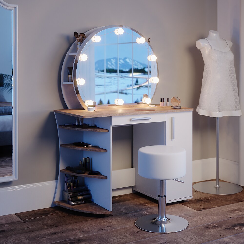 Vicco Schminktisch Frisiertisch Kosmetiktisch Almina Weiß Sonoma Schminkspiegel 100x143 modern LED Beleuchtung Hocker Schlafzimmerkommode Schminkkommode Schublade Frisierkommode Make-Up-Tisch